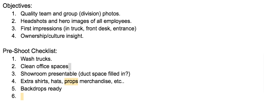 objectives and pre photo shoot checklist example for hvac company directed by jordan trask of prefocus solutions near memphis tn