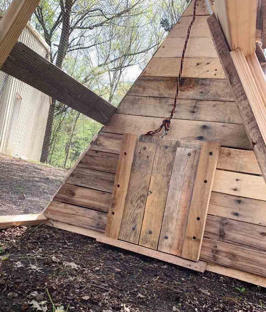 inside view of custom triangle chicken coup concept by coarse grain with sliding door pulled from outside by rope to let out mississippi farm animals for range