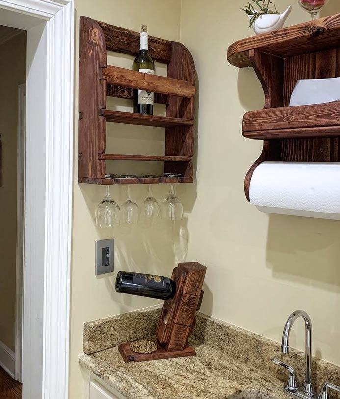 desoto county mississippi homeowner open house staging decor woodworker wine rack glass and bottle holder with unique shelving display stained in mahogany by course grain jordan trask