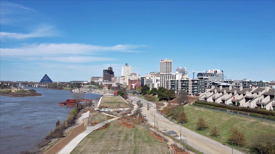 wider angle of memphis tennessee bluff city scape aerial drone imagery new and improved riverwalk park project underway 2023 jordan trask prefocus solutions HD pilot