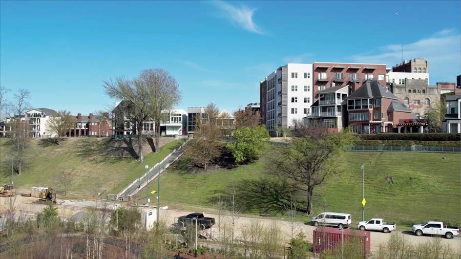 aerial view of construction development for community parks near mississippi river for memphis residents looking for things to do outside in 2023 captured by real estate drone pilot jordan trask fo prefocus solutions