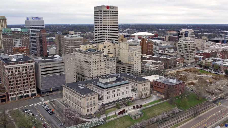 high aerial view of memphis downtown uptown area where cecil c humphreys law school is located near riverboat tours and other public activities for the community midsouth drone urban services prefocus