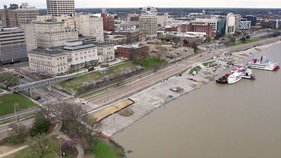 looking down on memphis riverboats business and other corporate buildings along coast of mississippi river at new development parks for bluff city community improving perception caught on camera by drone pilot and aerial videographer prefocus solutions