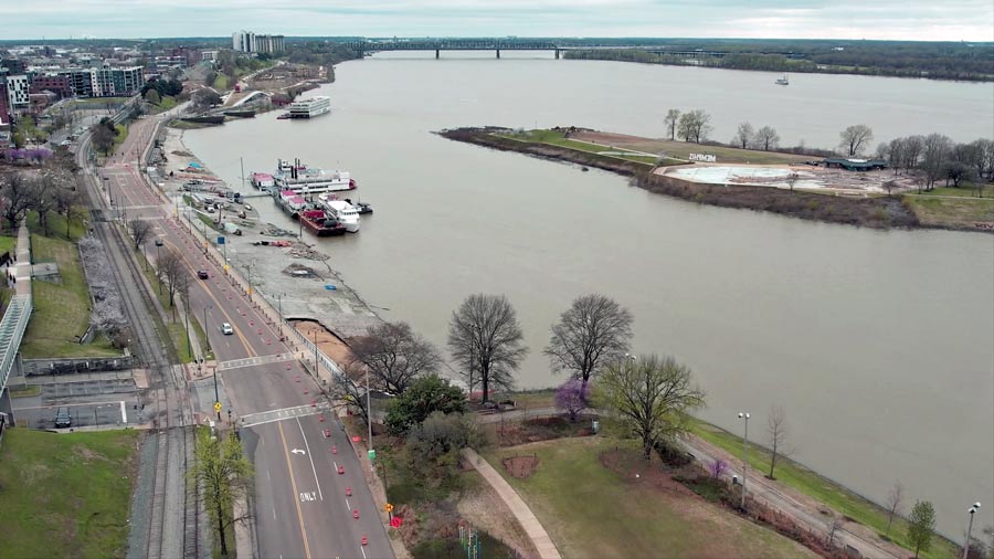 tip of mud island and entrance to wolf river harbor near queen line memphis riverboats aerial photographer jordan trask city skylines exploring bluff city in winter