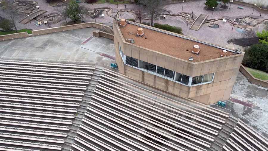 aerial view of mud island amphitheater along mississippi river by riverpark museum and harbor in downtown memphis tn