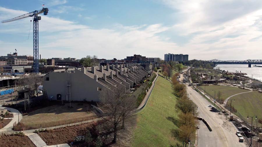 side angle of new development park projects along mississippi river in uptown memphis butler and tom lee park in front of upscale housing developments by drone photographer jordan trask of prefocus solutions in olive branch mississippi